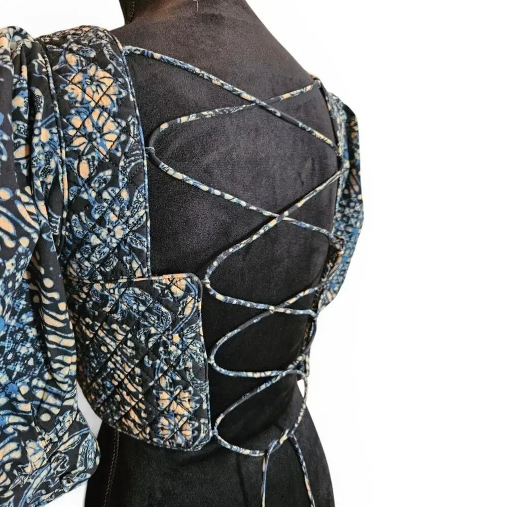 Ulla Johnson Crop Blue Floral Square Neck Lace-Up Back Puff Sleeve Blouse Sz 0